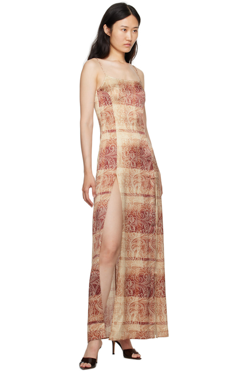 Stretch silk satin dress. Paisley pattern printed throughout. 

· Twin vents at front hem
· Fixed spaghetti straps
· Zip closure at back 

Available exclusively at SSENSE.

Supplier color: Brown paisley