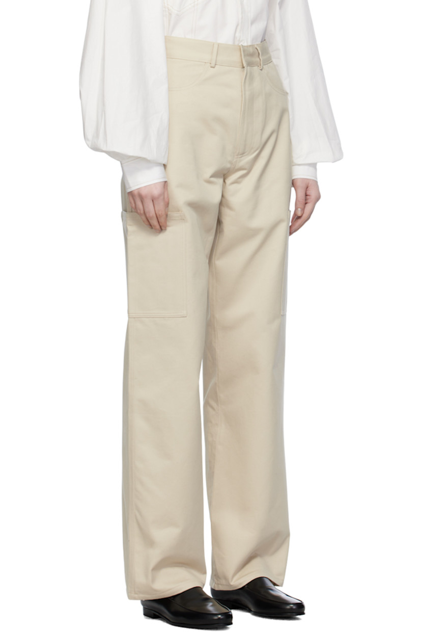 Cotton twill trousers.

· Belt loops
· Four-pocket styling
· Zip-fly
· Patch pocket at outseams
· Hammer loop at outseam

Supplier color: Cream