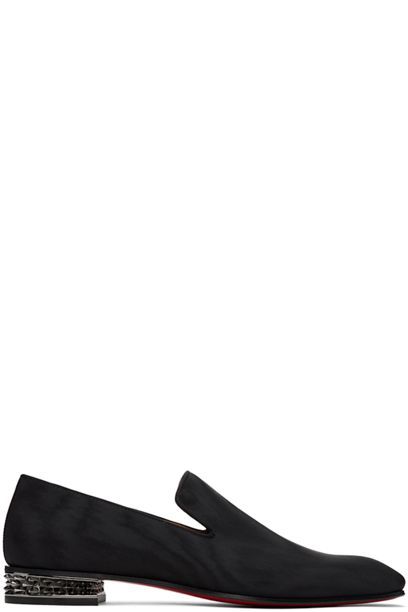 Cotton moiré loafers in black.

· Almond toe
· Grosgrain trim at tongue and collar
· Suede and buffed leather lining
· Signature spikes at stacked leather heel
· Rubber injection at heel
· Signature red leather sole

Supplier color: Black