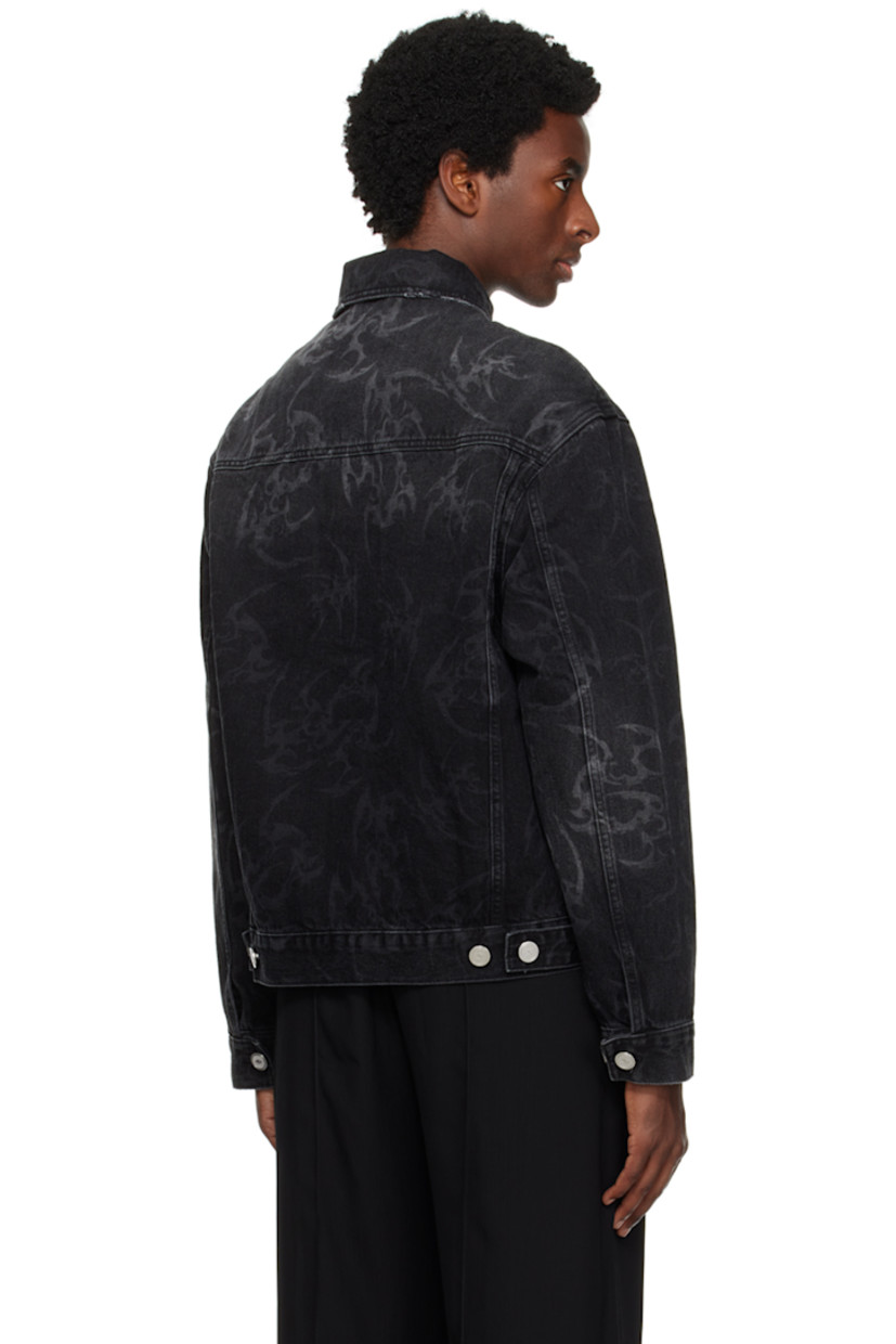 Non-stretch denim jacket. Fading, subtle distressing, and graphic pattern printed throughout. 

· Spread collar
· Button closure
· Flap and welt pockets
· Adjustable single-button barrel cuffs
· Adjustable button tabs at back hem 
· Unlined
· Logo-engraved silver-tone hardware

Supplier color: Black