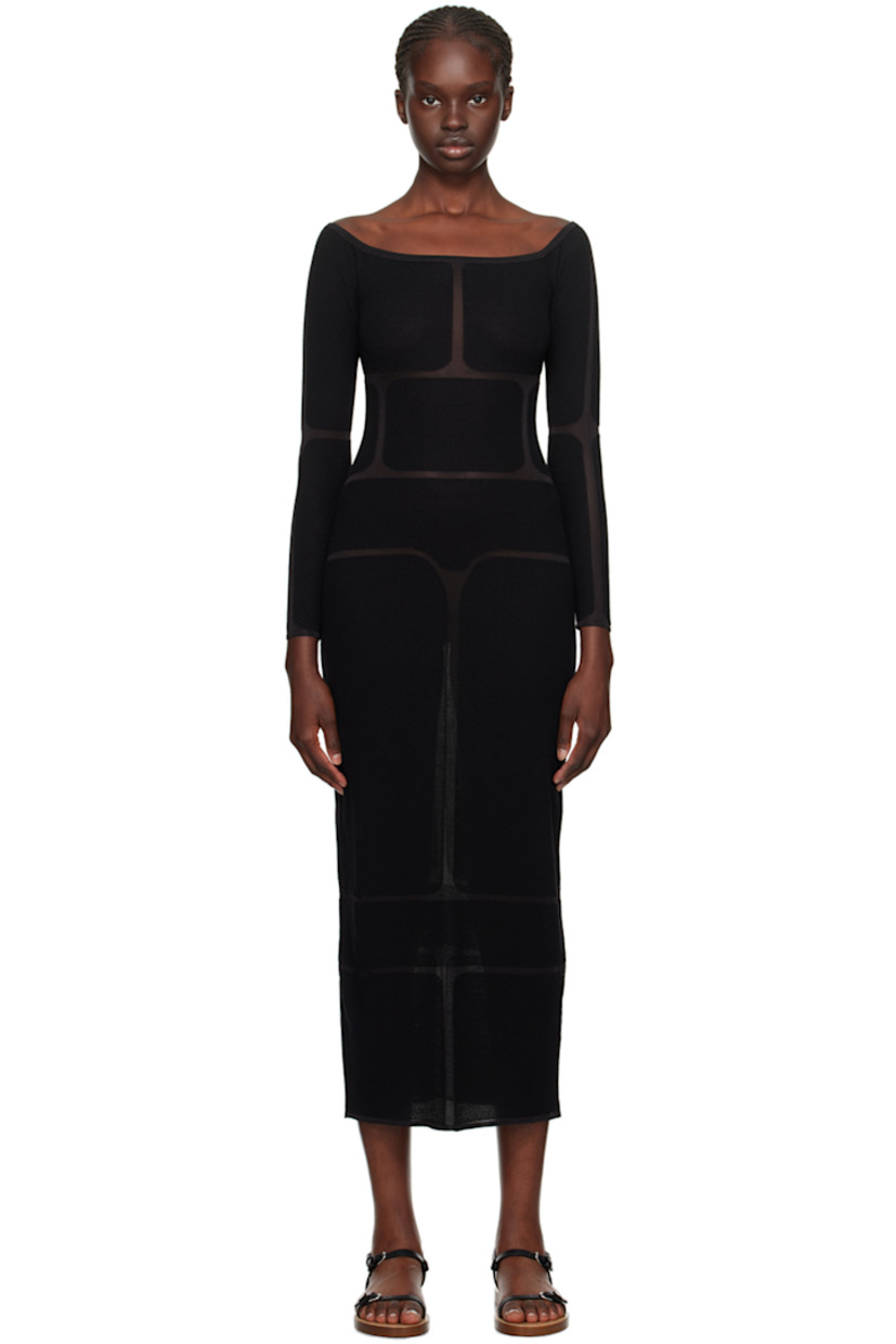 Knit virgin wool- and silk-blend dress. Semi-sheer panels throughout.

· Off-the-shoulder construction
· Straight neck
· Unlined

Supplier color: Black