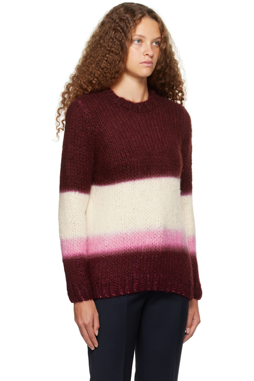 Brushed knit cashmere sweater.

· Stripes throughout
· Rib knit crewneck, hem, and cuffs

Supplier color: Ivory/Blush/Bordeaux