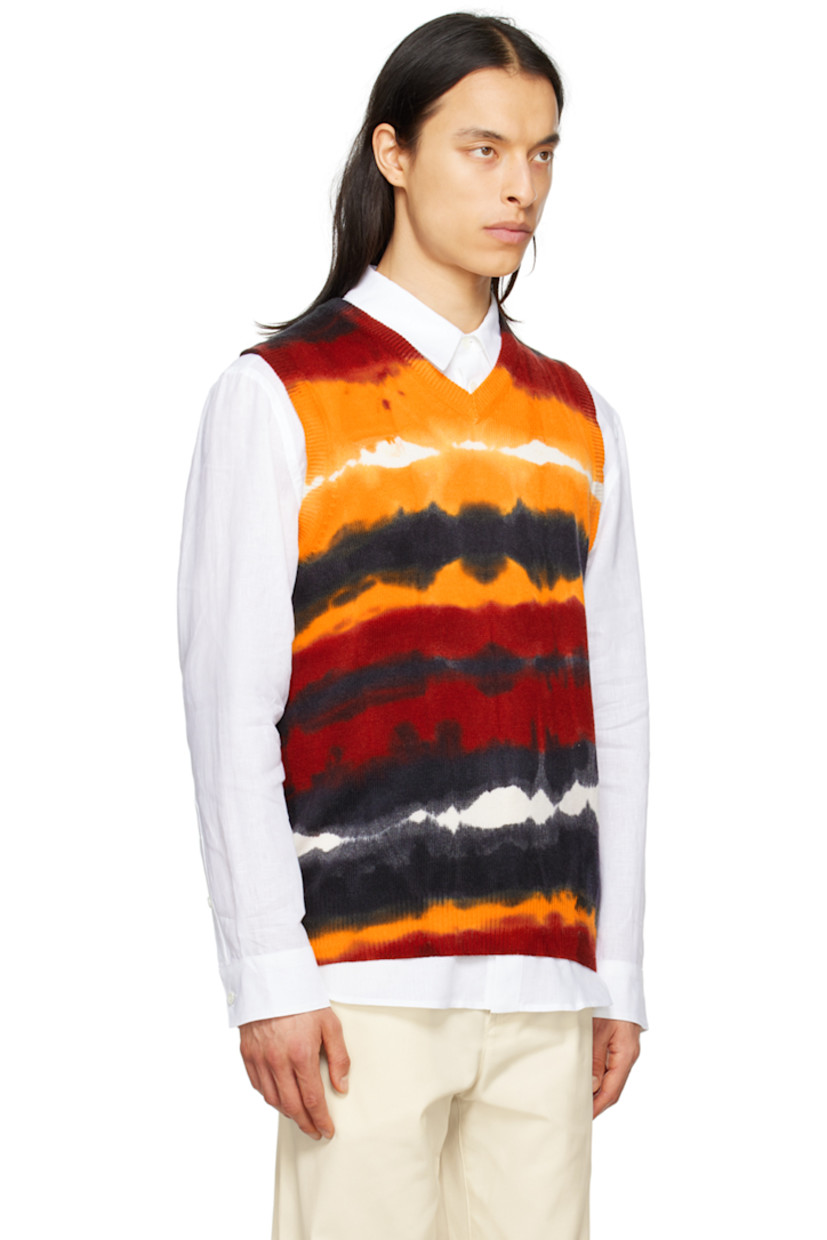 Knit cashmere vest. 

· Tie-dyed pattern throughout  
· Rib knit V-neck, hem and  armscyes

Each item is unique. Please note that coloration may vary.

Supplier color: Fire tie dye