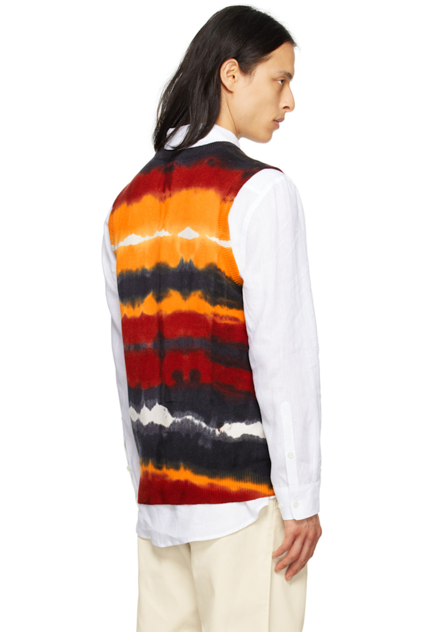 Knit cashmere vest. 

· Tie-dyed pattern throughout  
· Rib knit V-neck, hem and  armscyes

Each item is unique. Please note that coloration may vary.

Supplier color: Fire tie dye