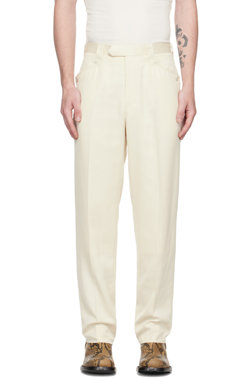 Rayon gabardine trousers. 

· Belt loops
· Five-pocket styling
· Zip-fly
· Creased legs
· Leather logo patch at back waistband
· Partial cupro twill lining

Supplier color: Ecru