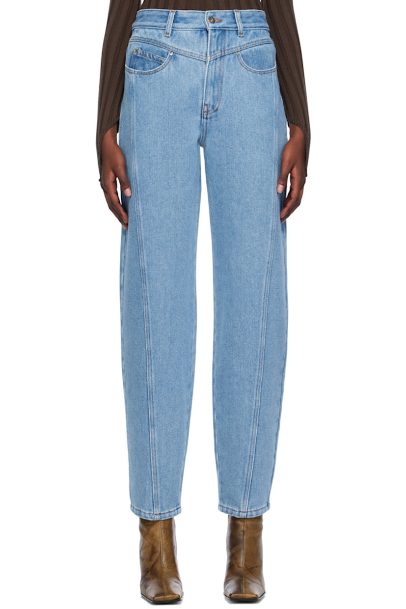 Wide-leg tapered non-stretch denim jeans. Fading throughout.

· Paneled construction
· Belt loops
· Three-pocket styling
· Zip-fly
· Contrast stitching in tan

Supplier color: Sky blue
