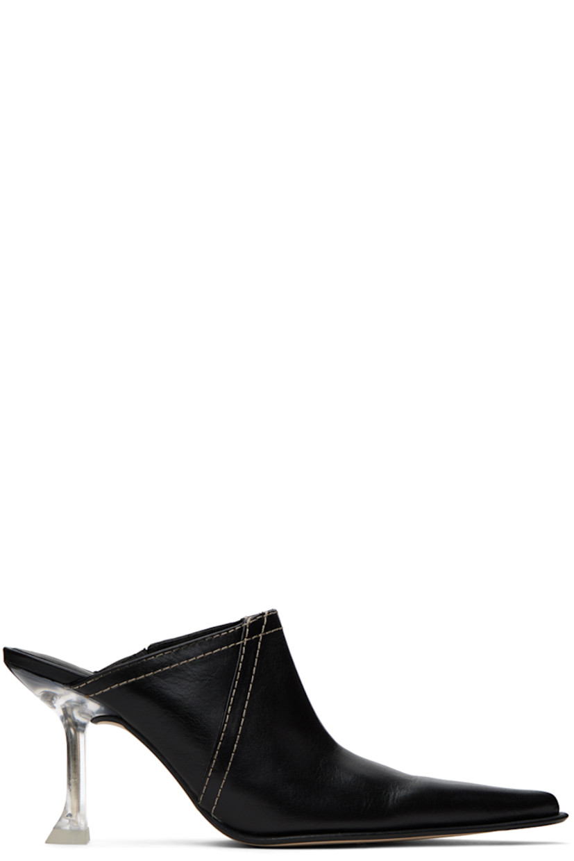Pair of grained lambskin heels in black. 

· Pointed toe
· Plexiglass spool heel with rubber injection
· Leather sole with rubber injection
· Contrast stitching in beige
· Heel: H3.25"

Supplier color: Black