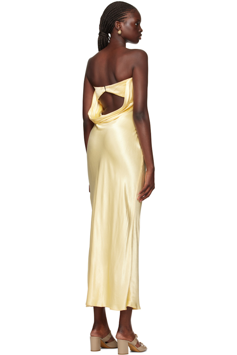 Bias-cut viscose hammered satin dress.

· Strapless construction
· Elasticized straight neck
· Darts at chest
· Hook-eye fastening at back
· Draping at low back 

Supplier color: Butter yellow