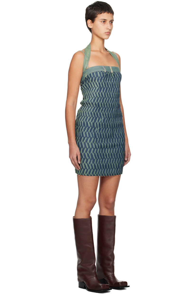 Garment-pleated OEKO-TEX®-certified stretch denim dress. Tie-dye effect throughout.

· Belt loops at halter neck
· Raw edge at hem
· Fixed spaghetti straps
· Button strap at low back
· Unlined

Available exclusively at SSENSE.

Supplier color: Fern