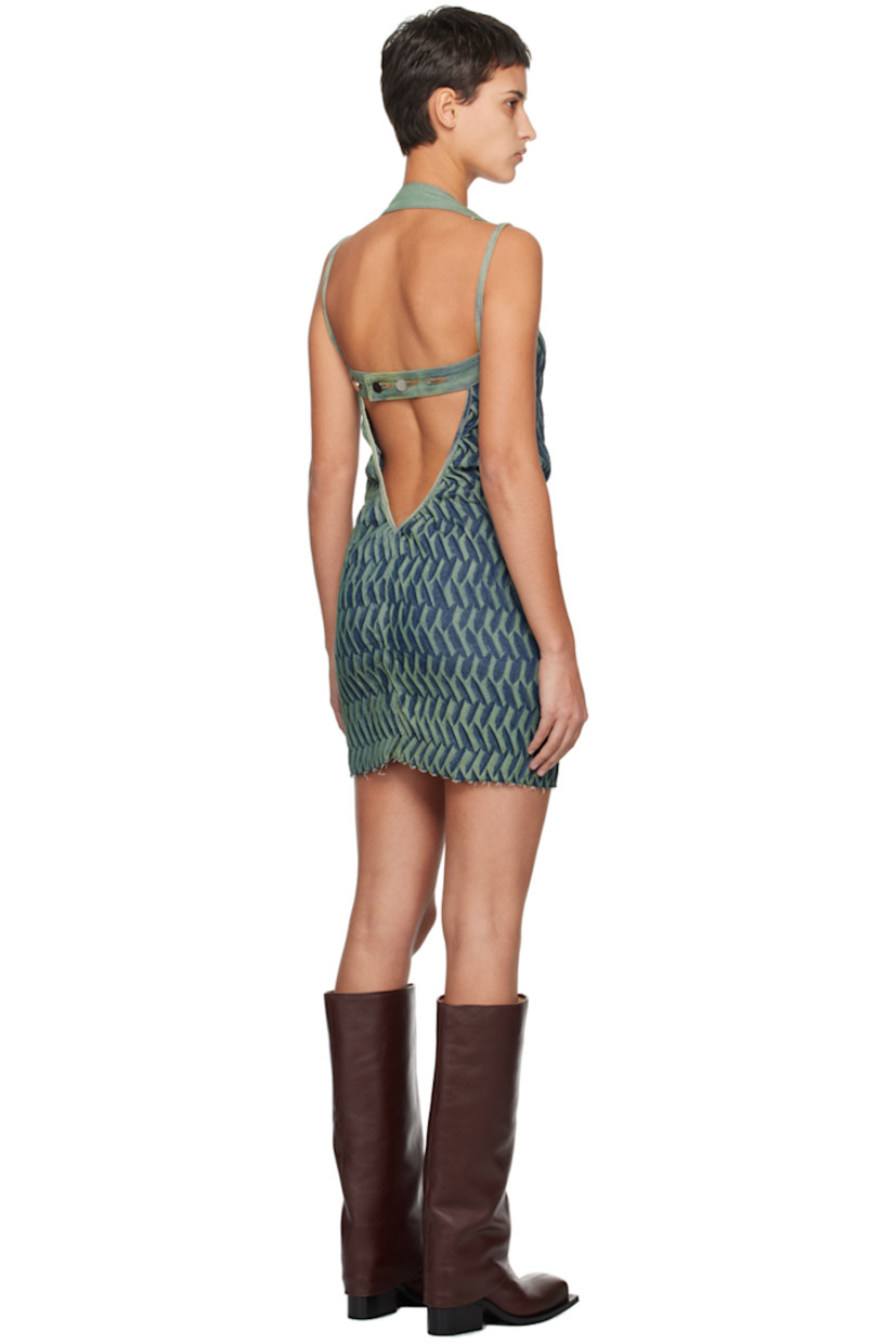 Garment-pleated OEKO-TEX®-certified stretch denim dress. Tie-dye effect throughout.

· Belt loops at halter neck
· Raw edge at hem
· Fixed spaghetti straps
· Button strap at low back
· Unlined

Available exclusively at SSENSE.

Supplier color: Fern