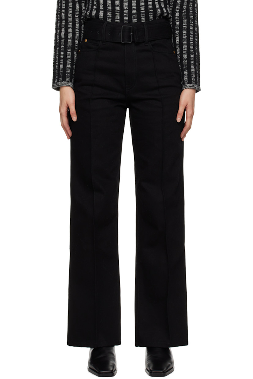 Non-stretch denim jeans. 

· Detachable pin-buckle belt at belt loops
· Five-pocket styling
· Zip-fly
· Pinched seams at front
· Central creases at back
· Leather logo patch at back waistband
· Logo-engraved gold-tone hardware

Supplier color: Black