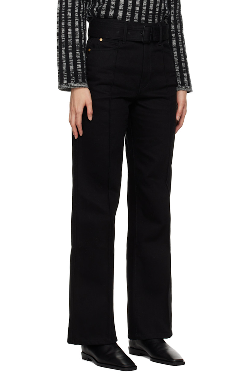 Non-stretch denim jeans. 

· Detachable pin-buckle belt at belt loops
· Five-pocket styling
· Zip-fly
· Pinched seams at front
· Central creases at back
· Leather logo patch at back waistband
· Logo-engraved gold-tone hardware

Supplier color: Black