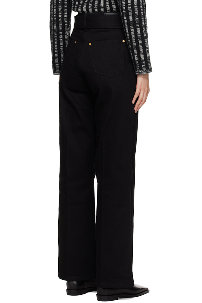Non-stretch denim jeans. 

· Detachable pin-buckle belt at belt loops
· Five-pocket styling
· Zip-fly
· Pinched seams at front
· Central creases at back
· Leather logo patch at back waistband
· Logo-engraved gold-tone hardware

Supplier color: Black