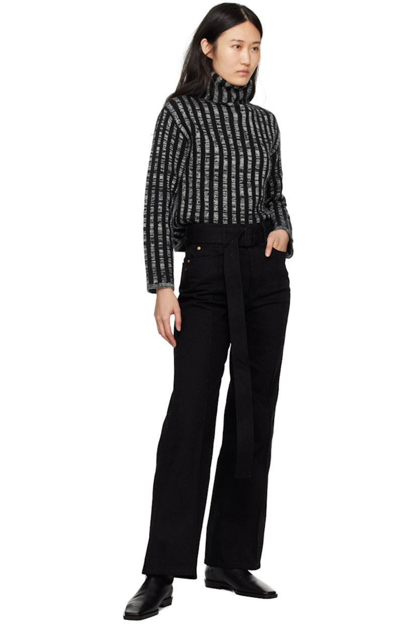 Non-stretch denim jeans. 

· Detachable pin-buckle belt at belt loops
· Five-pocket styling
· Zip-fly
· Pinched seams at front
· Central creases at back
· Leather logo patch at back waistband
· Logo-engraved gold-tone hardware

Supplier color: Black
