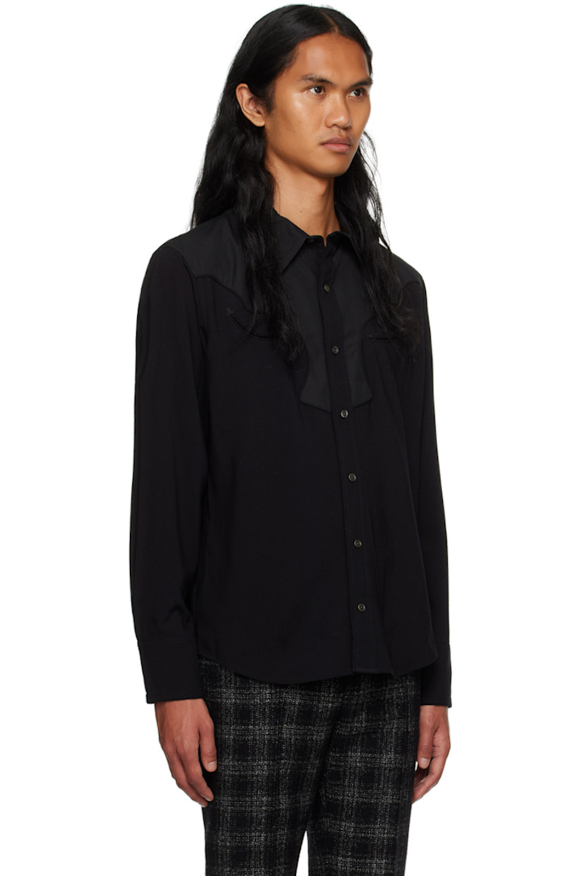 Paneled wool delaine and cotton poplin shirt.

· Spread collar
· Button closure
· Scalloped seam at front and back yoke
· Welt pockets at chest
· Shirttail hem
· Adjustable three-button barrel cuffs
· Partial silk charmeuse lining

Supplier color: Black