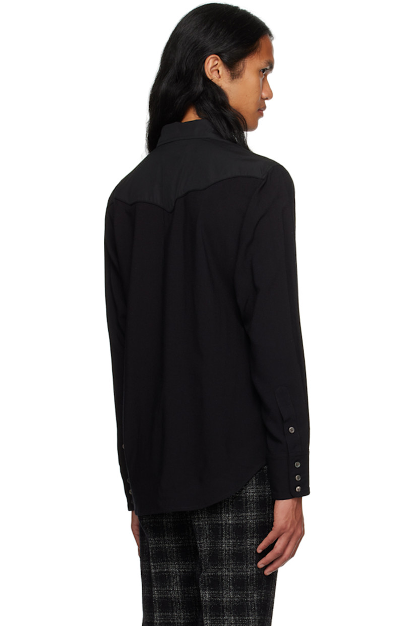 Paneled wool delaine and cotton poplin shirt.

· Spread collar
· Button closure
· Scalloped seam at front and back yoke
· Welt pockets at chest
· Shirttail hem
· Adjustable three-button barrel cuffs
· Partial silk charmeuse lining

Supplier color: Black