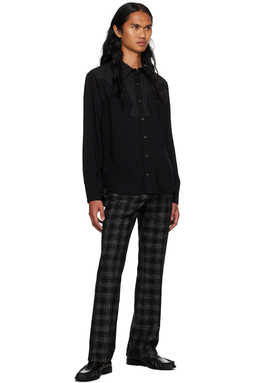 Paneled wool delaine and cotton poplin shirt.

· Spread collar
· Button closure
· Scalloped seam at front and back yoke
· Welt pockets at chest
· Shirttail hem
· Adjustable three-button barrel cuffs
· Partial silk charmeuse lining

Supplier color: Black