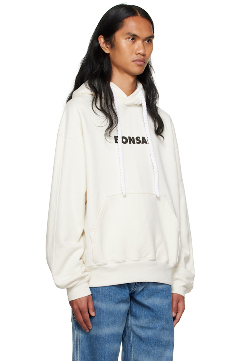 French terry hoodie.

· Twisted drawstring at hood
· Logo printed at front 
· Kangaroo pocket
· Bungee-style drawstring at rib knit hem
· Logo flag at side seam
· Dropped shoulders
· Rib knit cuffs

Supplier color: White/White