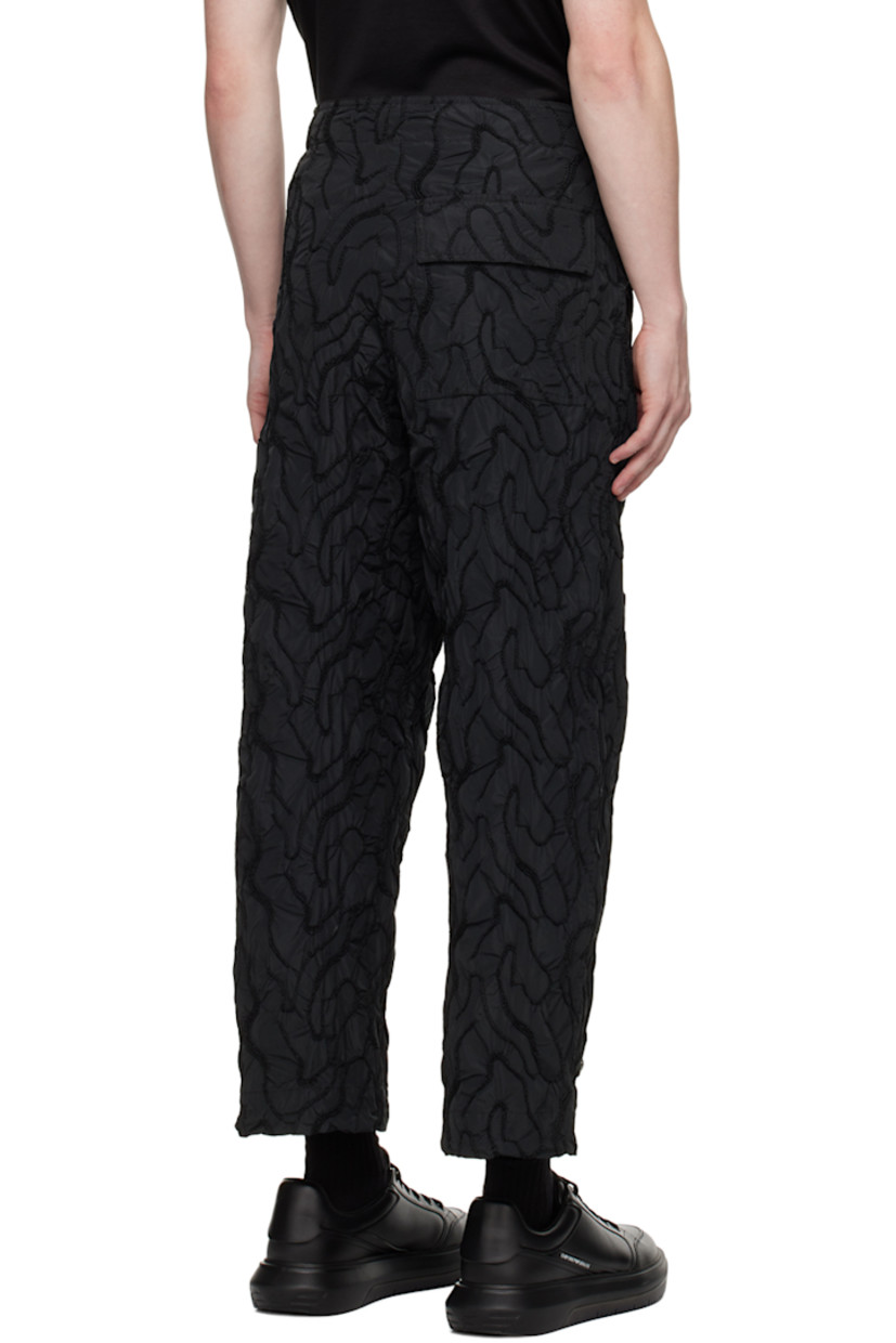 Polyester taffeta trousers. Graphic pattern embroidered throughout. 

· Bungee-style drawstring at waistband and cuffs
· Three-pocket styling 
· Button-fly 

Supplier color: Nero