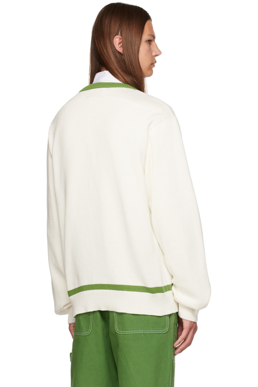 Knit wool sweater. 

· Rib knit V-neck, hem, and cuffs 
· Embroidered logo patch at chest

Available exclusively at SSENSE. 

Supplier color: Off-white/Green
