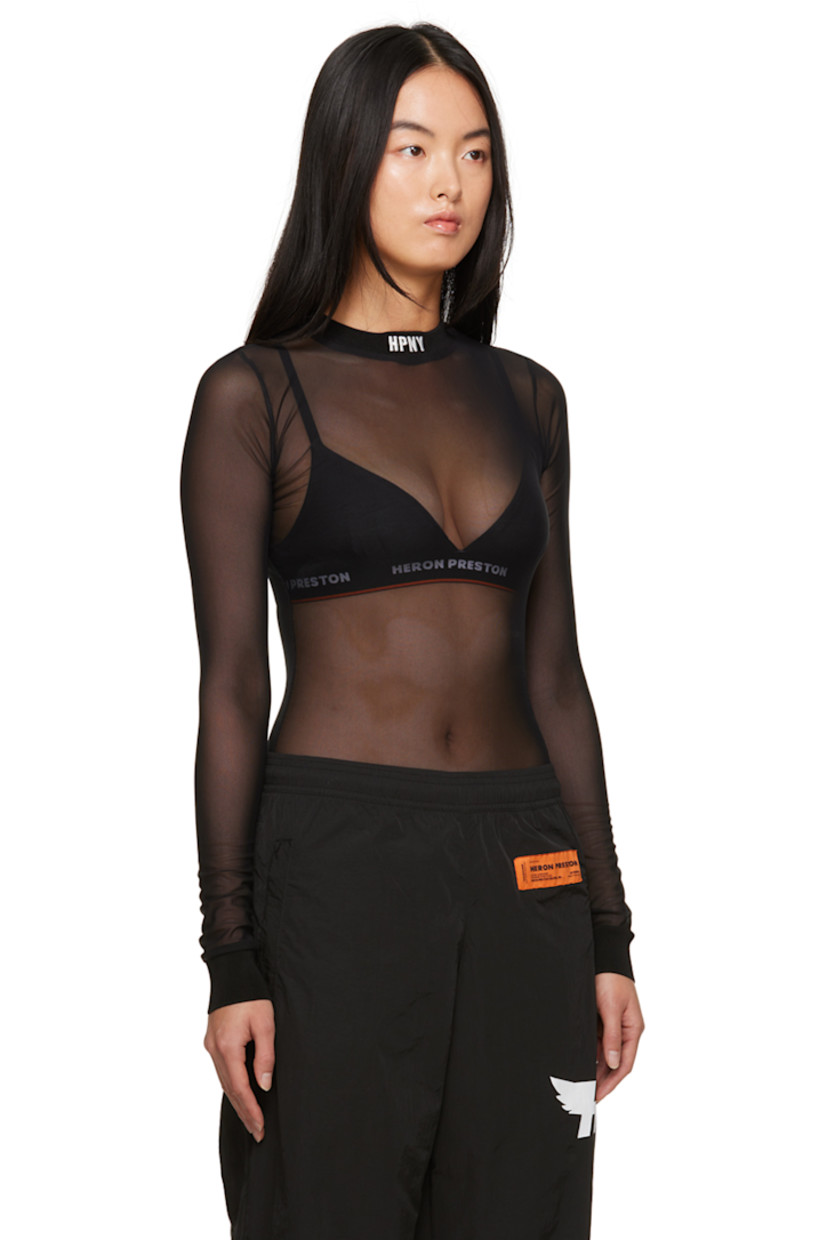 Sheer stretch nylon mesh bodysuit. 

· Logo embroidered at rib knit crewneck
· Press-stud fastening at bottom
· Rib knit cuffs
· Logo patch at back

Supplier color: Black/White