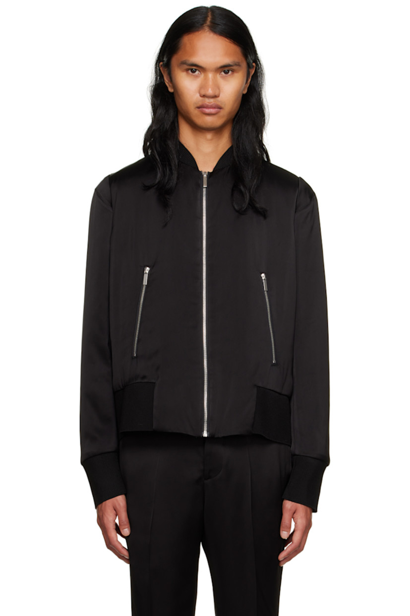 Insulated viscose satin bomber jacket. 

· Rib knit stand collar, hem, and cuffs 
· Zip closure 
· Zip pockets 
· Topstitching at sleeves 
· Full cupro satin lining 

Supplier color: Black 

Fill: 100% recycled feathers.