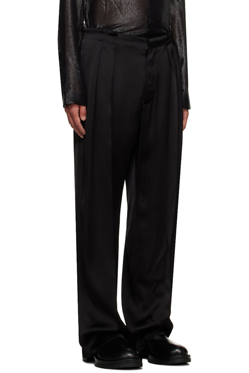 Viscose satin trousers.

· Four-pocket styling
· Button-fly
· Pleats at front waistband
· Creased legs
· Adjustable button tabs at back waistband

Supplier color: Black