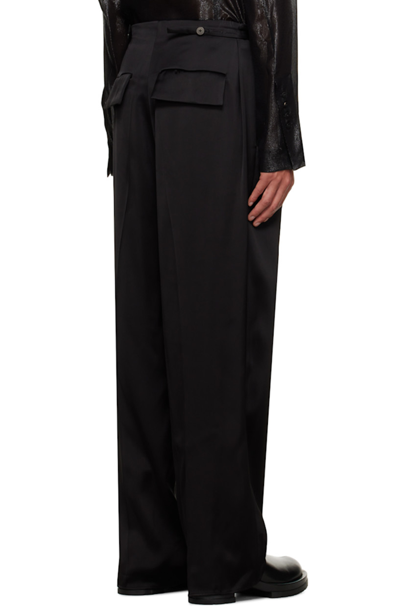 Viscose satin trousers.

· Four-pocket styling
· Button-fly
· Pleats at front waistband
· Creased legs
· Adjustable button tabs at back waistband

Supplier color: Black