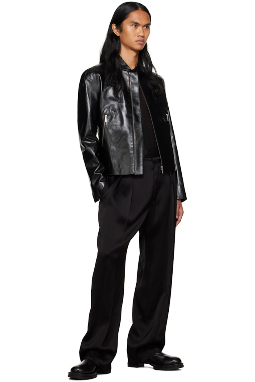 Viscose satin trousers.

· Four-pocket styling
· Button-fly
· Pleats at front waistband
· Creased legs
· Adjustable button tabs at back waistband

Supplier color: Black