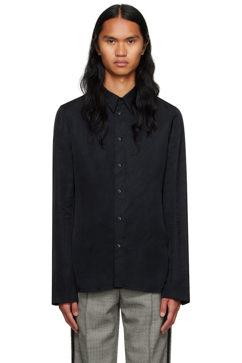 Semi-sheer cupro twill shirt.

· Spread collar
· Button closure
· Vented side seams
· Vent at four-button surgeon's cuffs

Supplier color: Black