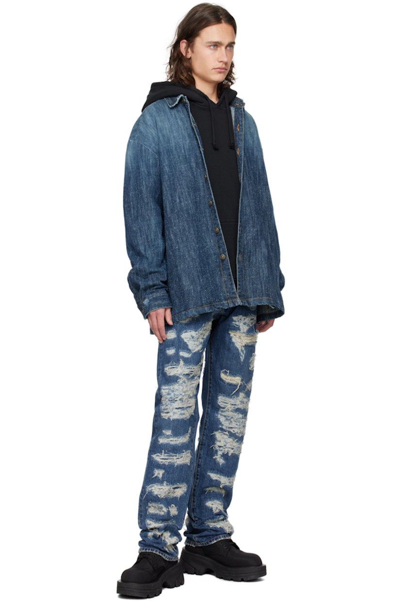 Hand-treated non-stretch denim jeans. Fading and distressing throughout.

· Belt loops
· Five-pocket styling
· Zip-fly
· Logo patch at back waistband
· Logo embroidered at back patch pocket

Supplier color: Destroyed