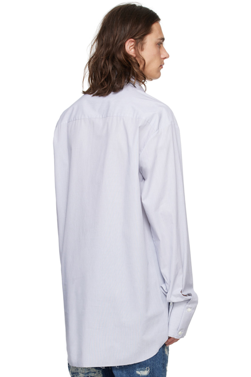 Cotton poplin shirt. Jacquard pinstripes throughout.

· Spread collar
· Concealed button closure
· Logo embroidered at front
· Raw edge at shirttail hem and cuffs
· Four-button extended barrel cuffs

Supplier color: Navy