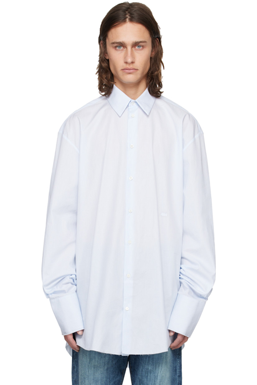 Cotton poplin shirt. Jacquard pinstripes throughout.

· Spread collar
· Concealed button closure
· Logo embroidered at front
· Raw edge at shirttail hem and cuffs
· Four-button extended barrel cuffs

Supplier color: White/Azur stripes