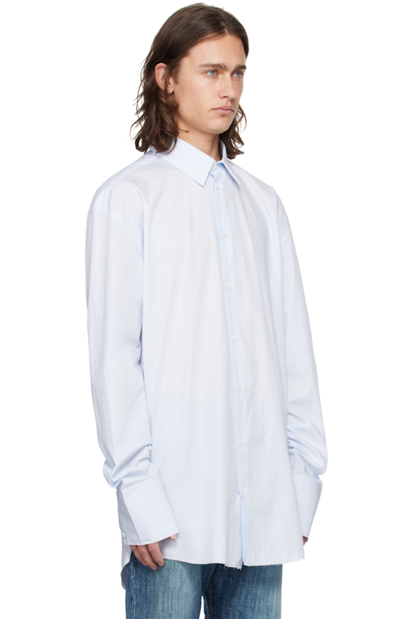 Cotton poplin shirt. Jacquard pinstripes throughout.

· Spread collar
· Concealed button closure
· Logo embroidered at front
· Raw edge at shirttail hem and cuffs
· Four-button extended barrel cuffs

Supplier color: White/Azur stripes