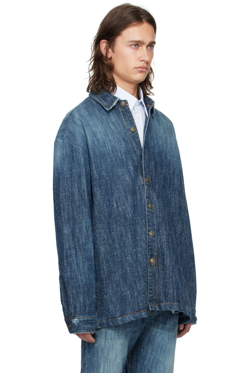 Hand-treated non-stretch denim shirt. Fading and subtle distressing throughout.

· Spread collar
· Button closure
· Seam pockets
· Dropped shoulders
· Single-button barrel cuffs
· Box pleat at back yoke
· Logo-engraved brass-tone hardware
· Contrast stitching in brown

Supplier color: Stone