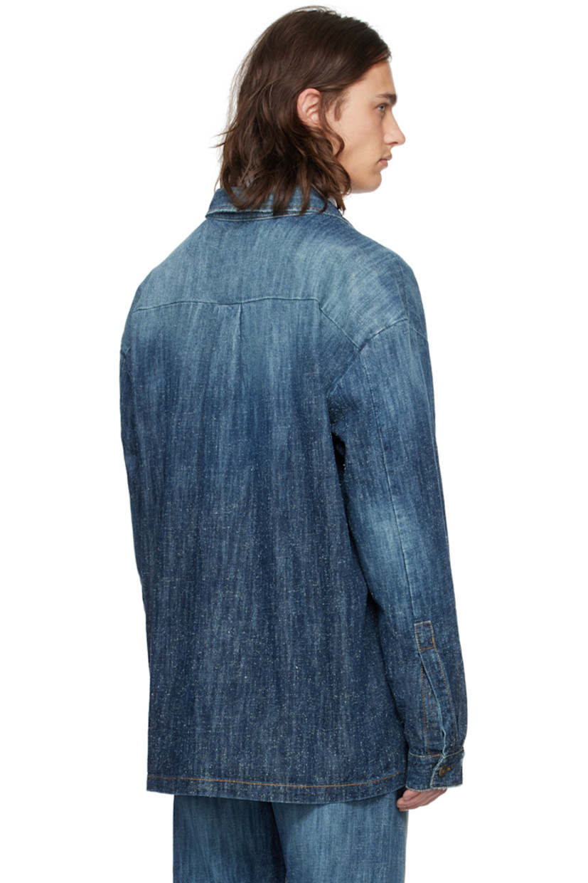 Hand-treated non-stretch denim shirt. Fading and subtle distressing throughout.

· Spread collar
· Button closure
· Seam pockets
· Dropped shoulders
· Single-button barrel cuffs
· Box pleat at back yoke
· Logo-engraved brass-tone hardware
· Contrast stitching in brown

Supplier color: Stone