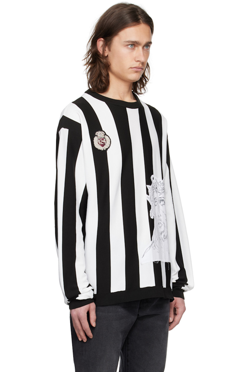 Hand-treated knit polypropylene sweater. Stripes throughout. 

· Rib knit crewneck, hem, and cuffs
· Logo appliqué at chest
· Graphic patch at front and back
· Dropped shoulders
· Felted logo patch at back collar 

Supplier color: Panna/Black