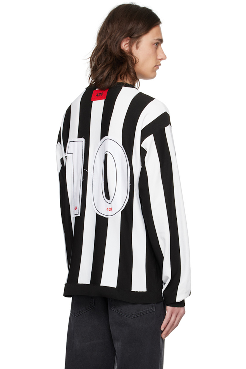 Hand-treated knit polypropylene sweater. Stripes throughout. 

· Rib knit crewneck, hem, and cuffs
· Logo appliqué at chest
· Graphic patch at front and back
· Dropped shoulders
· Felted logo patch at back collar 

Supplier color: Panna/Black