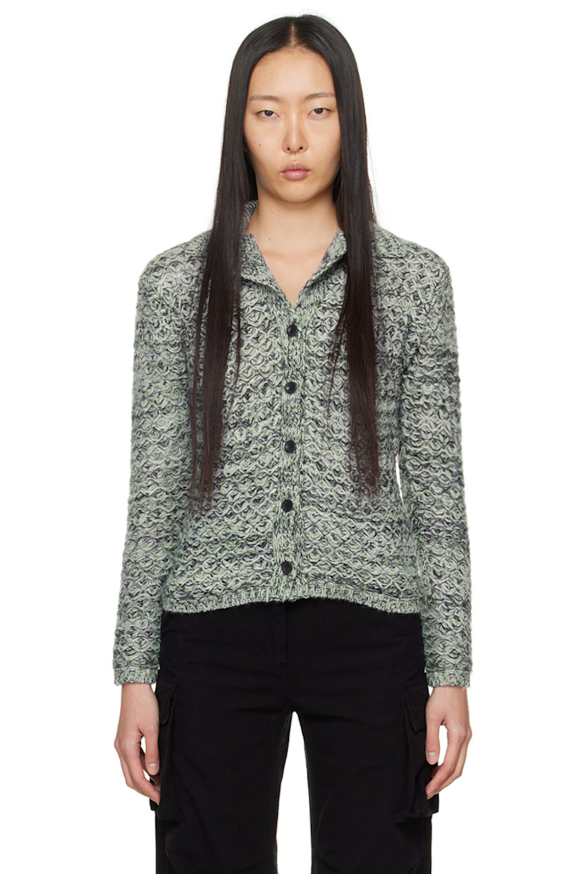 Knit cashmere- and cotton-blend shirt. Rib knit trim throughout. 

· Open spread collar
· Button closure

Supplier color: Black/Juniper