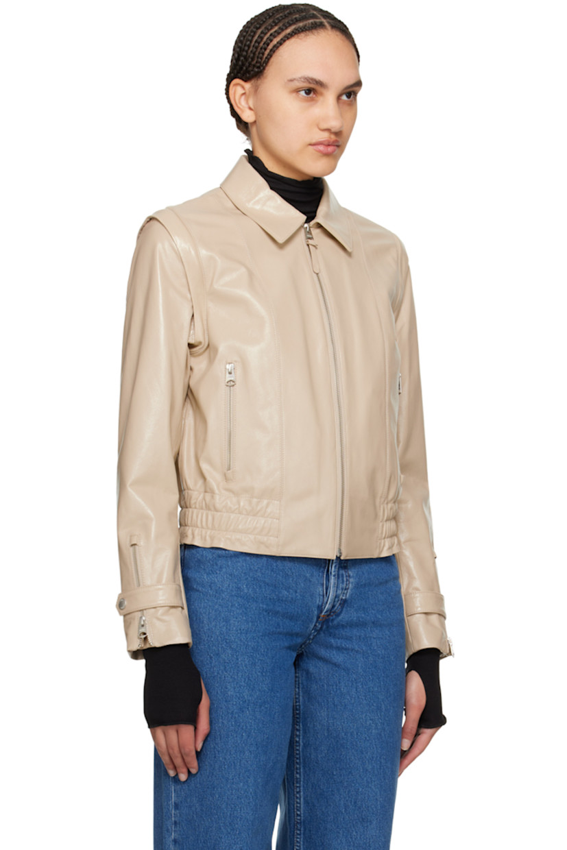 Grained lambskin jacket.

· Spread collar 
· Zip closure
· Zip pockets
· Elasticized hem
· Metal eyelets at side seams
· Detachable sleeves for alternate styling
· Zip vent at cuffs
· Adjustable press-stud tab at cuffs 
· Leather logo tab at back collar
· Welt pocket at interior 
· Full satin lining
· Logo-engraved silver-tone hardware

Supplier color: Trench