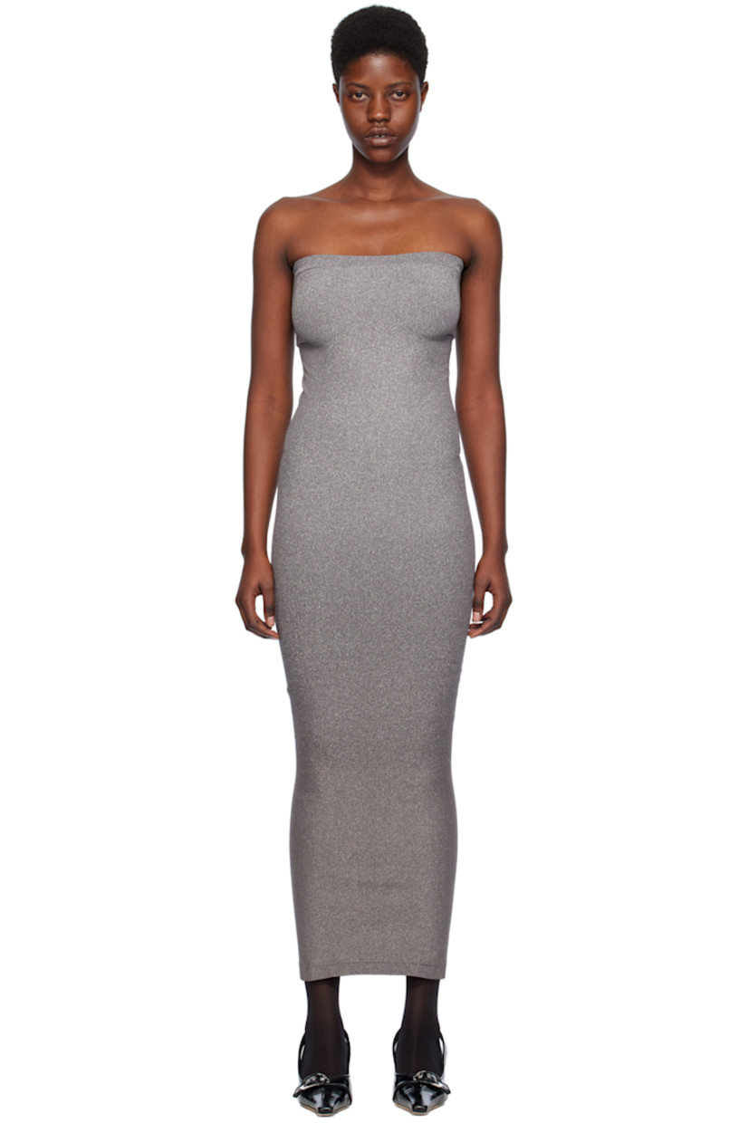 Knit stretch nylon-blend dress.

· Metallic thread detailing throughout
· Straight neck

Supplier color: Titanium