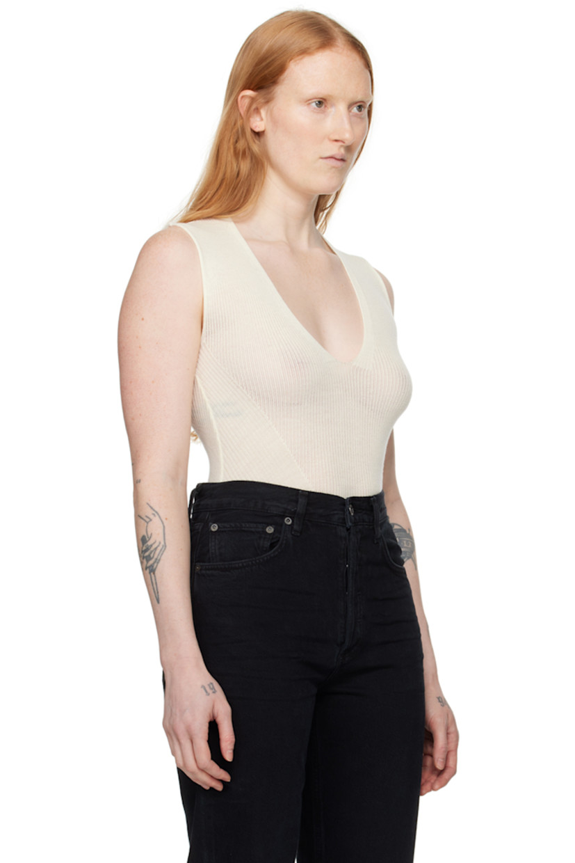 Semi-sheer knit and rib knit virgin wool bodysuit.

· Paneled construction
· Plunging V-neck
· Press-stud fastening at bottom
· Partial jersey lining

Supplier color: Ecrue