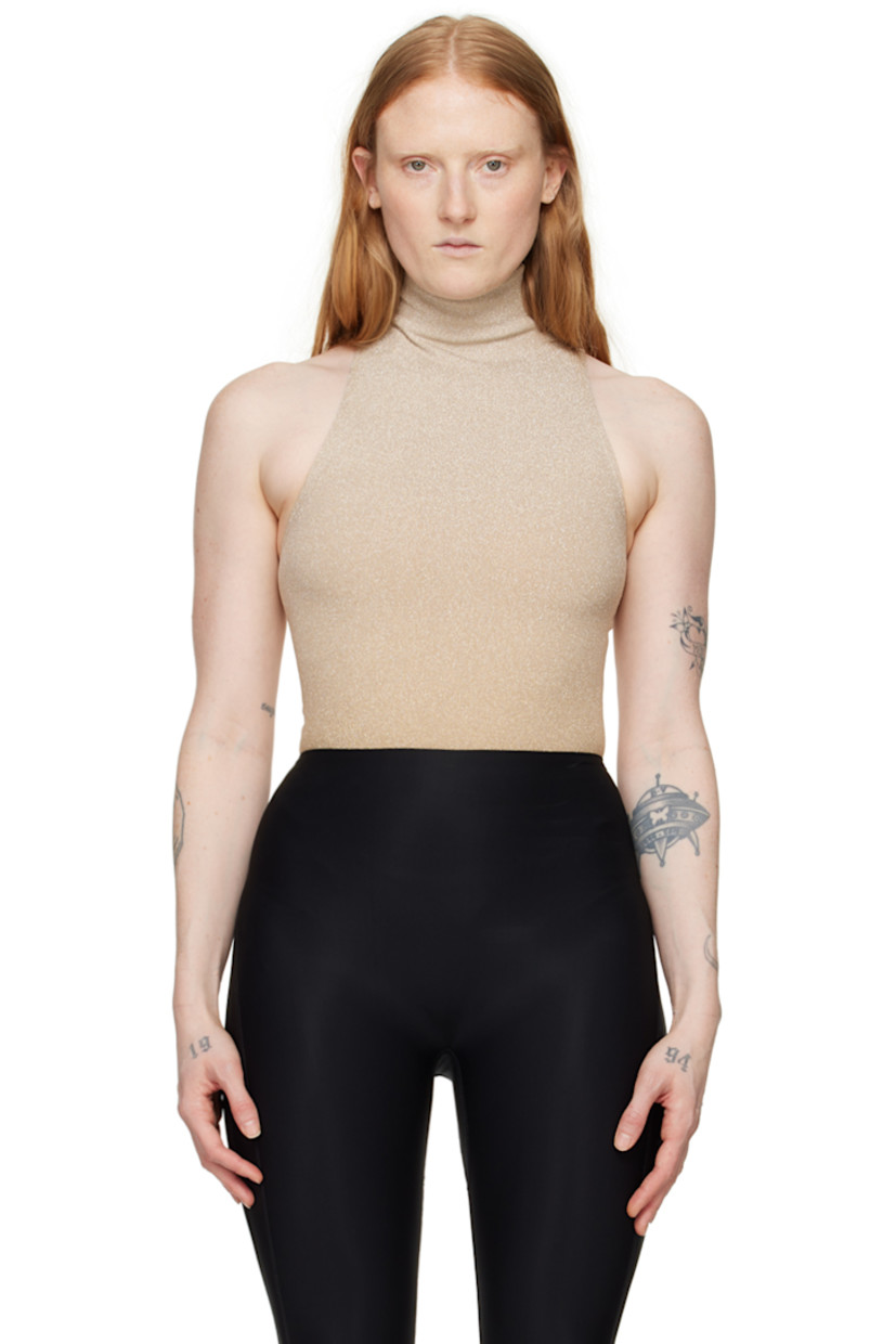 Knit stretch nylon-blend bodysuit. Gradient metallic thread detailing throughout.

· Seamless construction
· Turtleneck
· Press-stud fastening at bottom
· Racer back 
· Partially lined

Supplier color: Gold shine