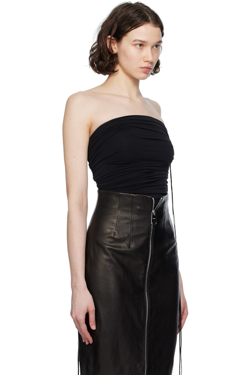 Blufibre® recycled stretch nylon jersey bodysuit. Gathering throughout.

· Seamless circular knit construction
· Ruching and draping at side seams
· Drawstring at side seams for alternate styling
· Press-stud fastening at bottom

Supplier color: Black