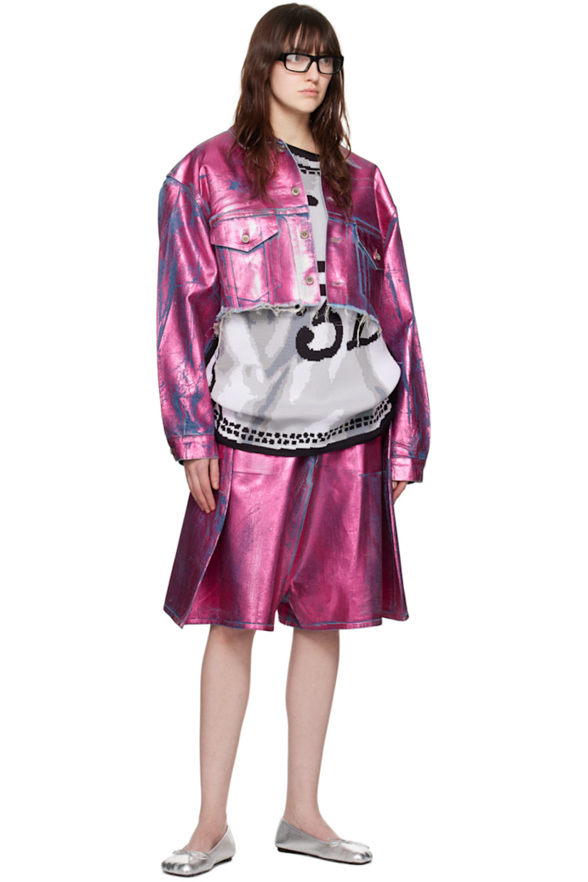 Indigo-dyed metallic foil-coated stretch denim shorts. Metallic thread detailing throughout.

· Belt loops
· Five-pocket styling
· Button-fly
· Leather logo patch at back waistband
· Logo flag at back
· Logo-engraved antiqued silver-tone hardware

Supplier color: Pink