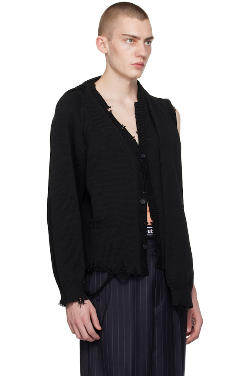 Knit polyester- and cotton-blend cardigan. Distressing, laddering, and loose thread detailing throughout.

· Rib knit Y-neck, hem, armscyes, and cuffs
· Button closure
· Patch pockets
· Integrated sleeves at back collar for alternate styling

This item is part of a limited run of 82.

Supplier color: Black