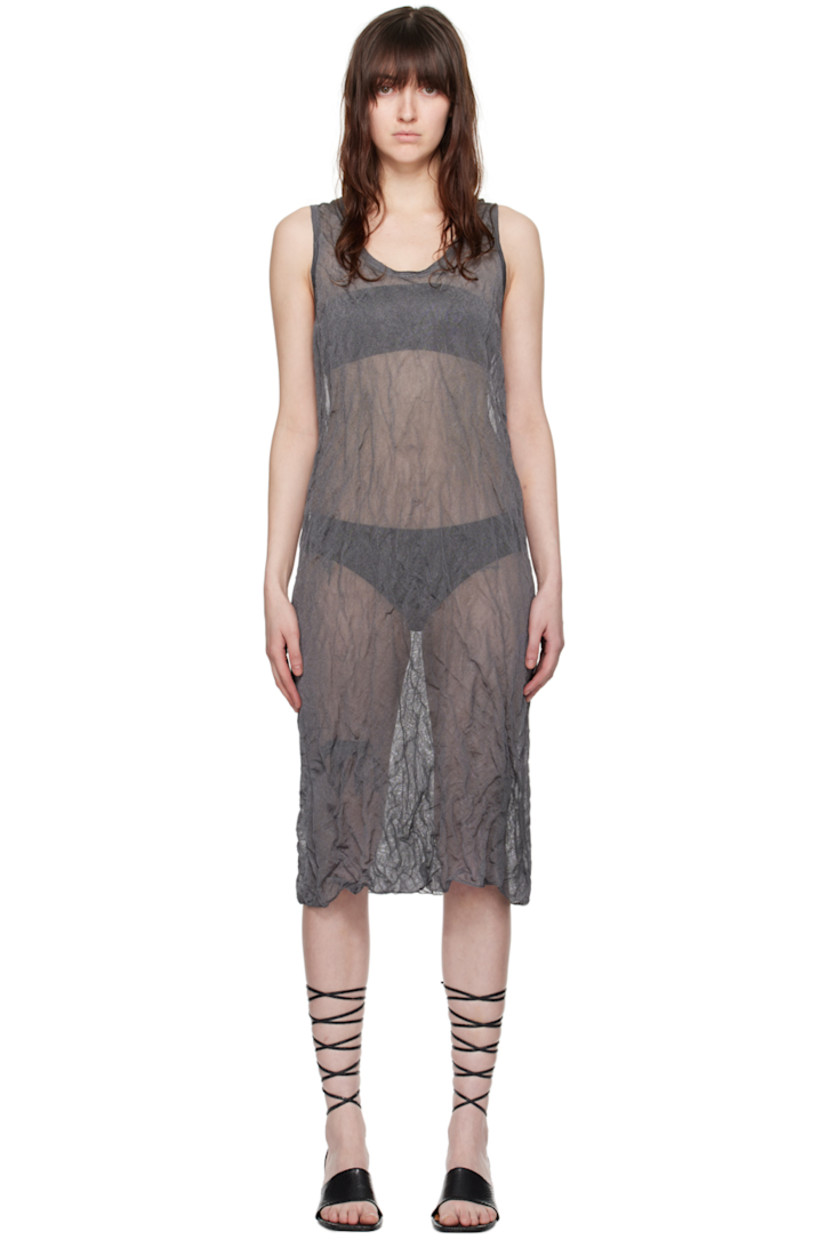 Semi-sheer crinkled knit viscose-blend dress. 

· Metallic thread detailing throughout
· Rib knit scoop neck and armscyes

Supplier color: Dark grey