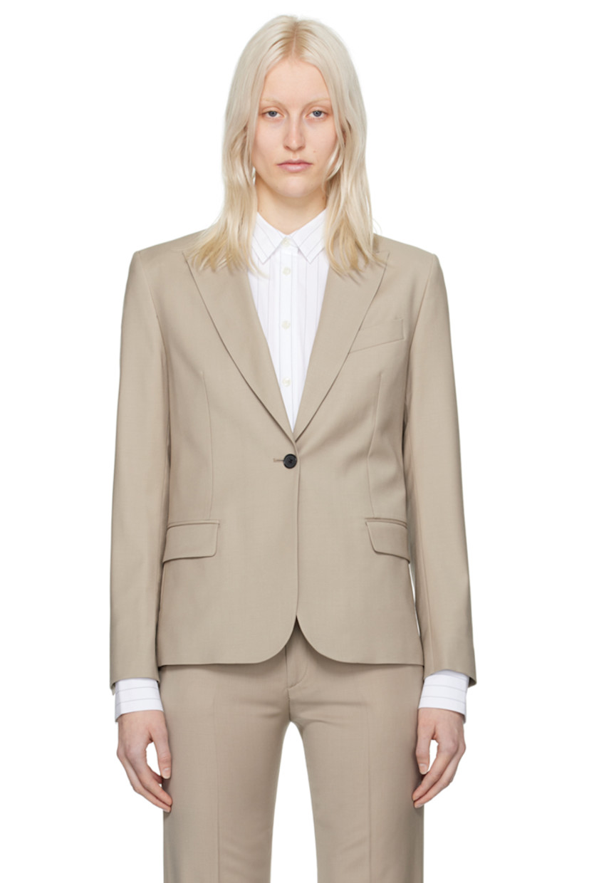 Stretch wool broadcloth blazer

· Peaked lapel
· Button closure
· Welt and flap pockets
· Four-button surgeon's cuffs
· Central vent at back hem
· Full satin lining

Supplier color: Dessert taupe