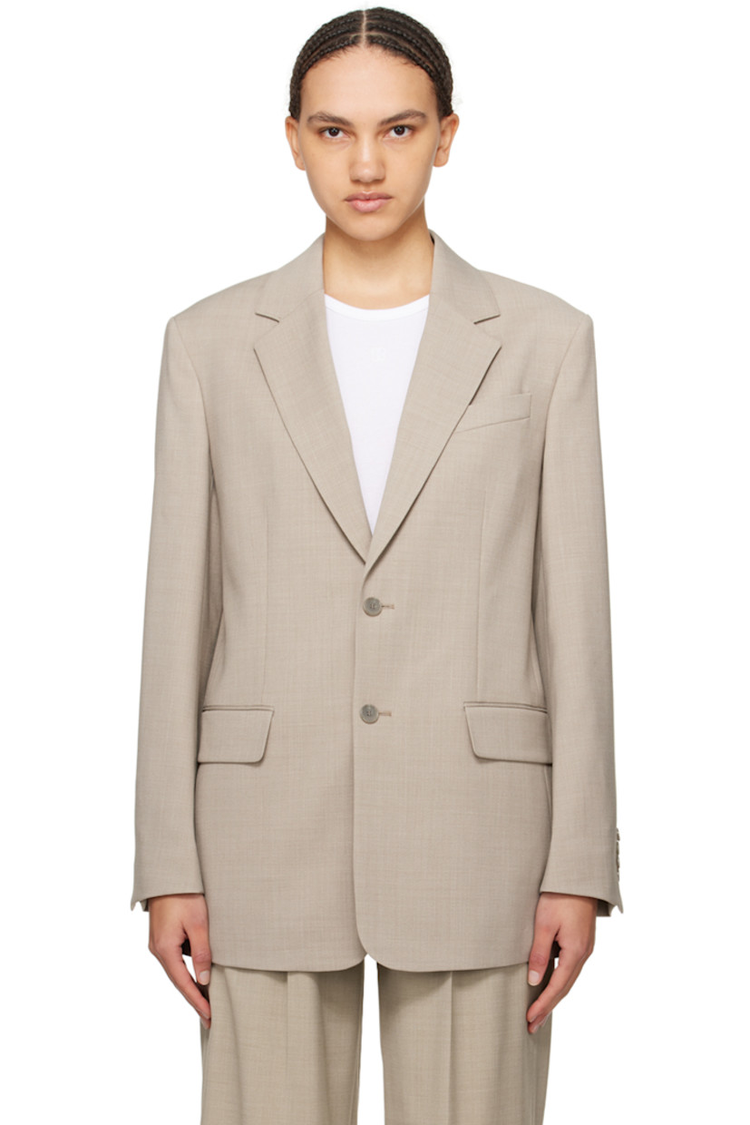 Stretch polyester- and wool-blend hopsack blazer.

· Notched lapel
· Two-button closure
· Welt pocket at chest
· Flap pockets
· Four-button surgeon's cuffs
· Central vent at back hem
· Welt pocket at interior
· Full satin lining
· Horn hardware

Supplier color: Sage melange