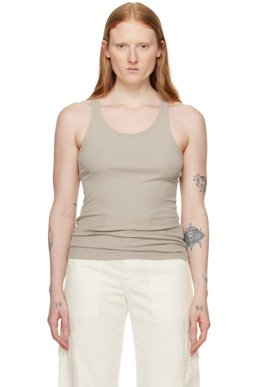 Stretch organic cotton ribbed jersey tank top. Rib knit scoop neck and armscyes. 

Supplier color: Light sage